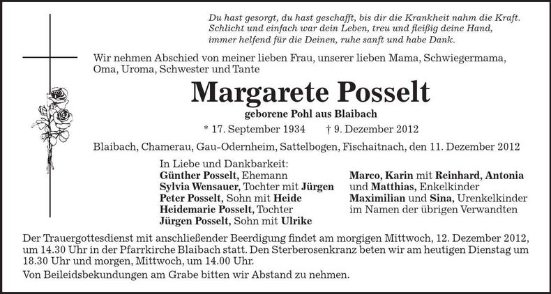 Traueranzeige Margarete Posselt