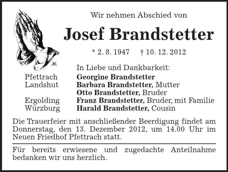Traueranzeige Josef Brandstetter