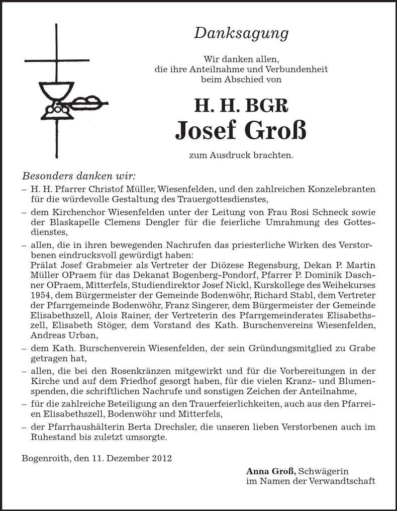 Traueranzeige Josef Groß