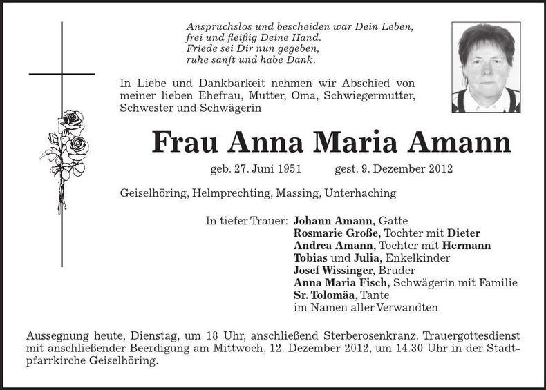 Traueranzeige Anna Maria Amann
