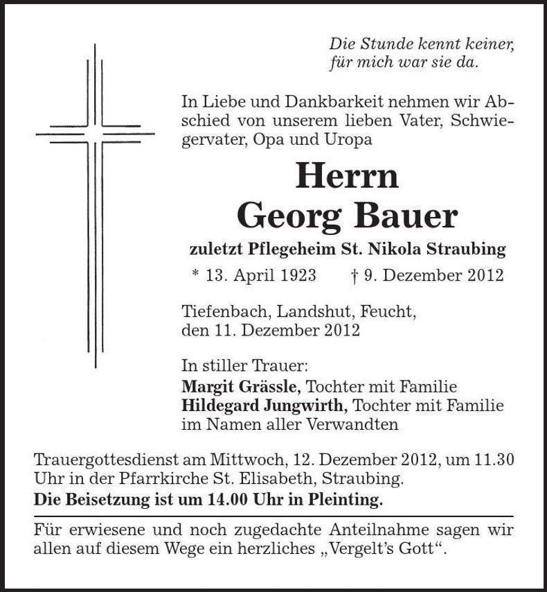 Traueranzeige Georg Bauer