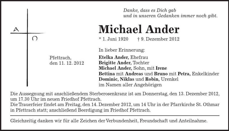 Traueranzeige Michael Ander