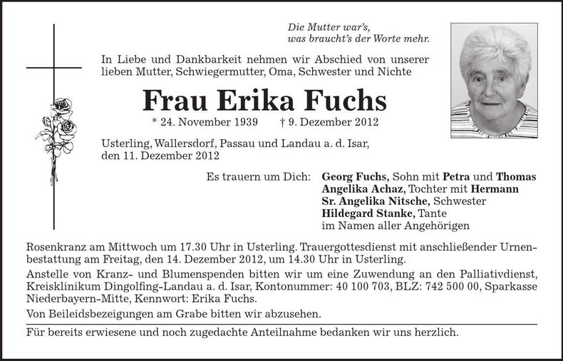 Traueranzeige Erika Fuchs