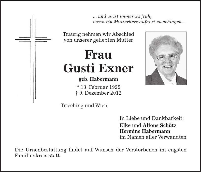 Traueranzeige Gusti Exner