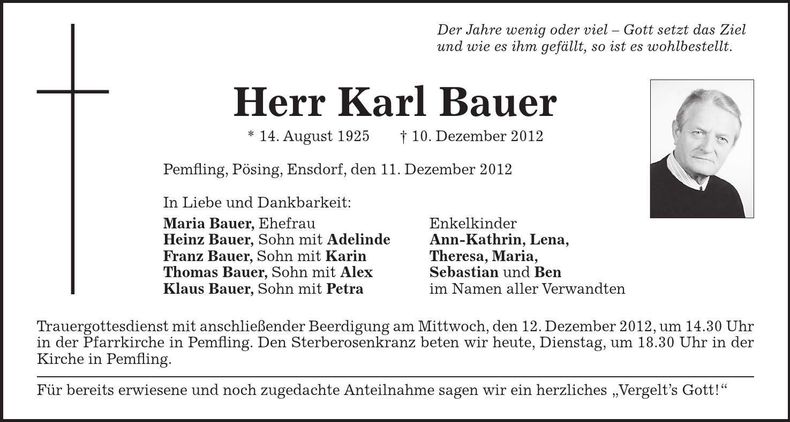 Traueranzeige Karl Bauer