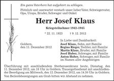 Traueranzeige Josef Klaus