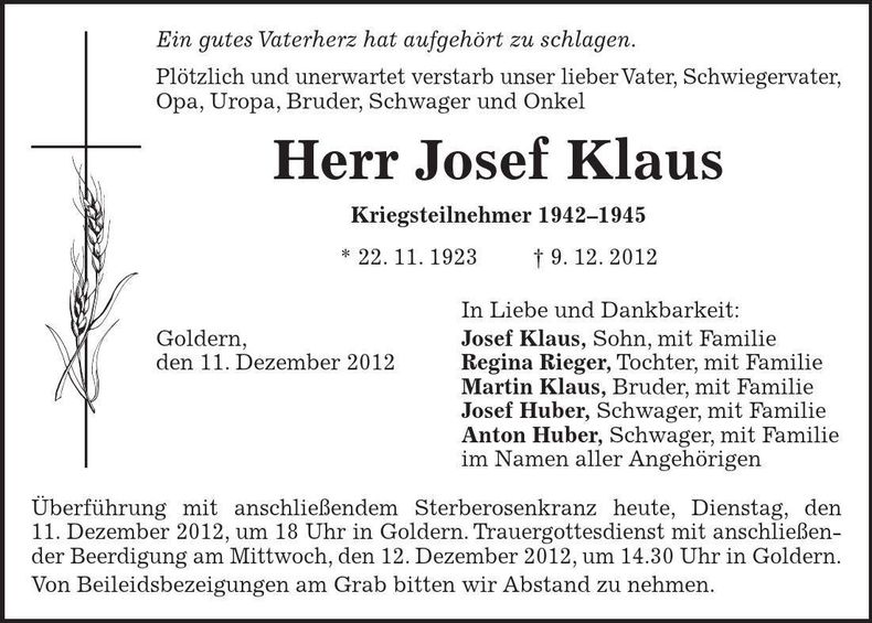 Traueranzeige Josef Klaus
