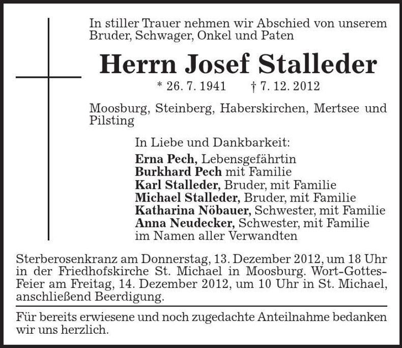 Traueranzeige Josef Stalleder
