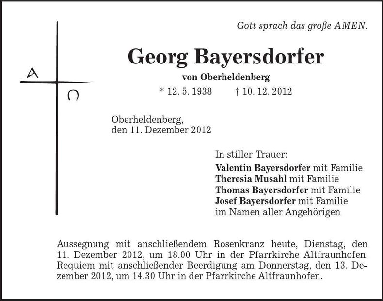 Traueranzeige Georg Bayersdorfer