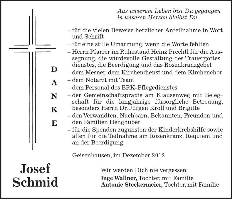 Traueranzeige Josef Schmid