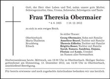 Traueranzeige Theresia Obermaier