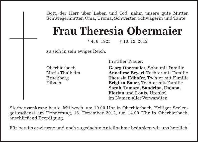 Traueranzeige Theresia Obermaier