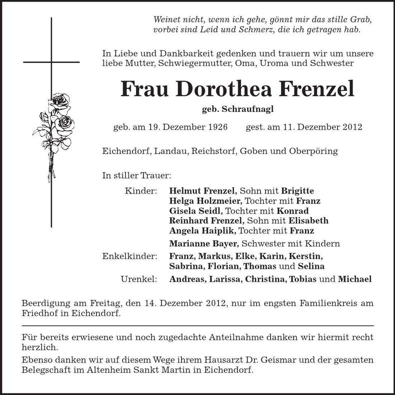 Traueranzeige Dorothea Frenzel