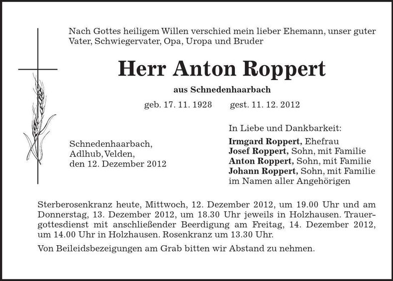 Traueranzeige Anton Roppert