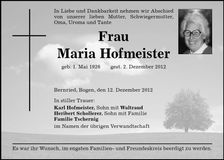 Traueranzeige Maria Hofmeister