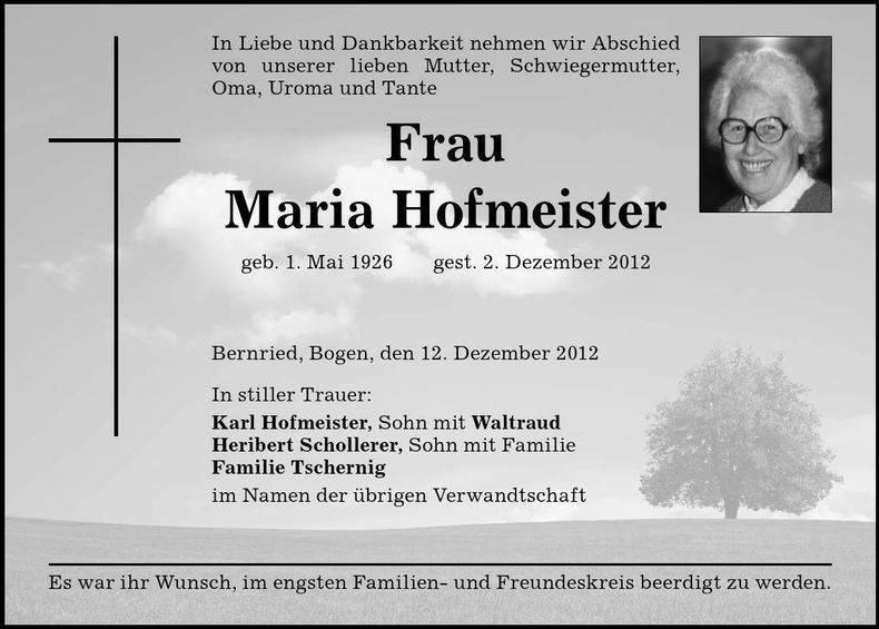 Traueranzeige Maria Hofmeister