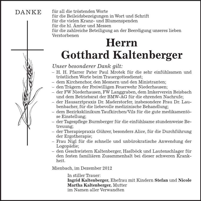Traueranzeige Gotthard Kaltenberger