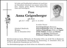 Traueranzeige Anna Geigenberger
