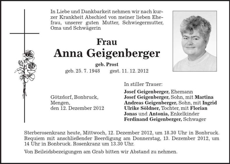 Traueranzeige Anna Geigenberger