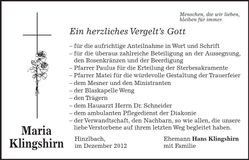 Traueranzeige Maria Klingshirn
