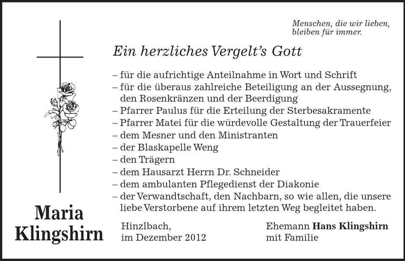 Traueranzeige Maria Klingshirn