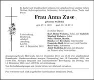 Traueranzeige Anna Zuse