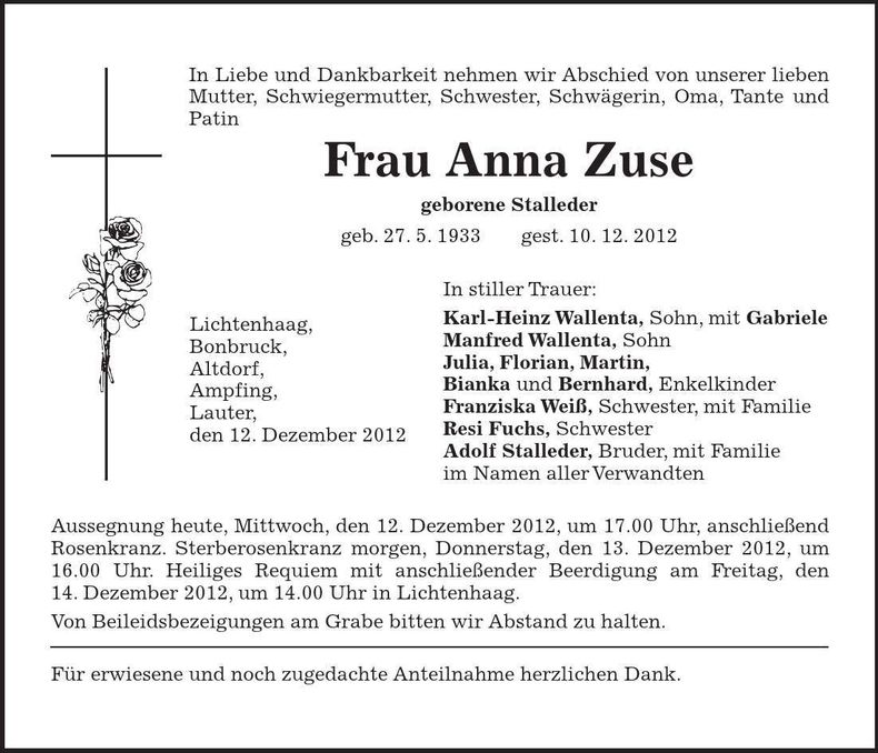 Traueranzeige Anna Zuse