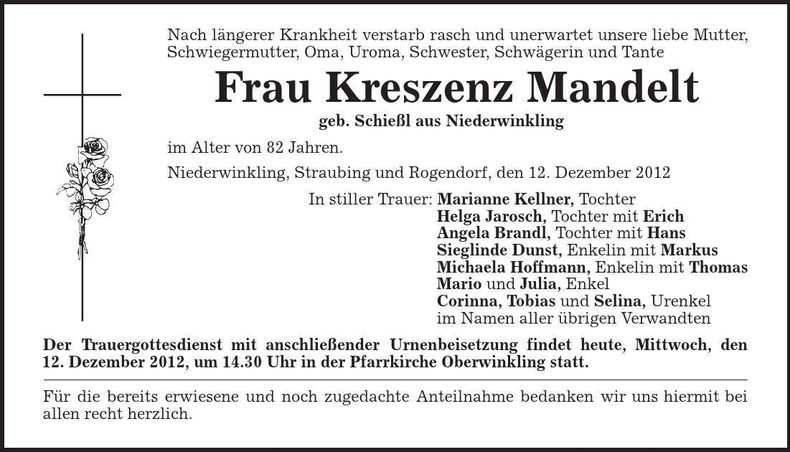 Traueranzeige Kreszenz Mandelt