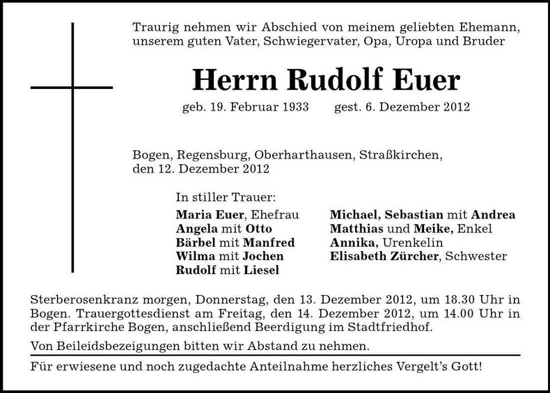 Traueranzeige Rudolf Euer