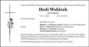 Traueranzeige Hedi Wohlrab