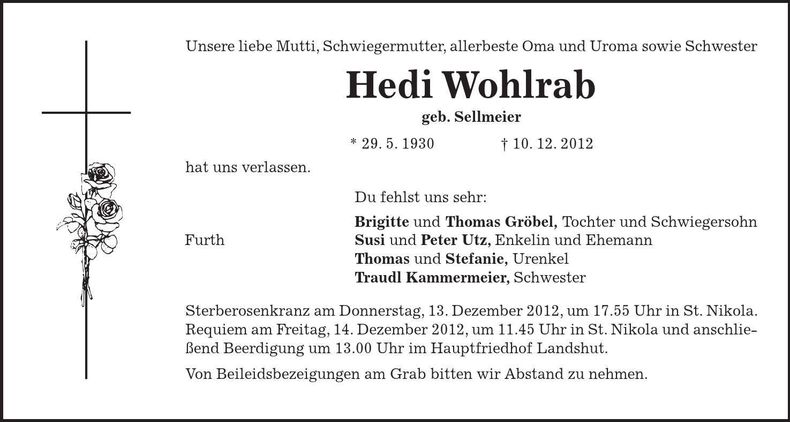 Traueranzeige Hedi Wohlrab