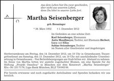 Traueranzeige Martha Seisenberger