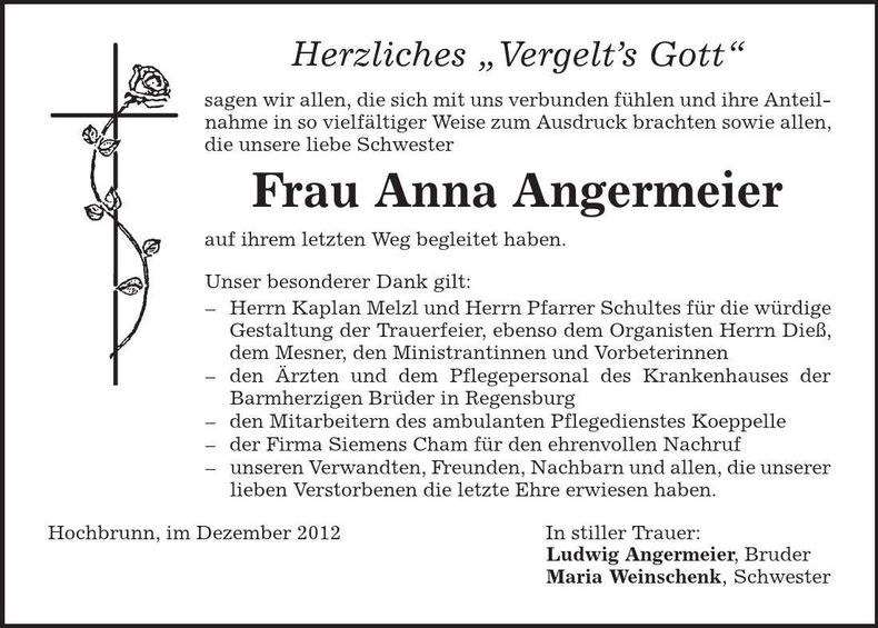Traueranzeige Anna Angermeier