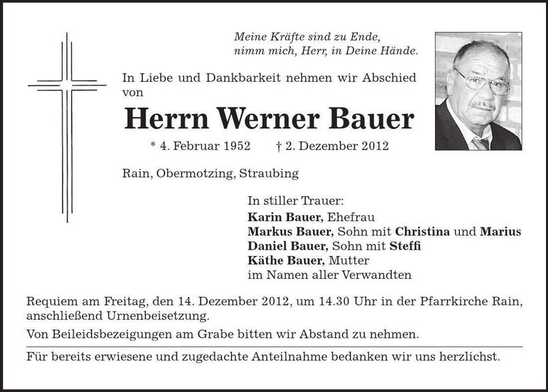Traueranzeige Werner Bauer