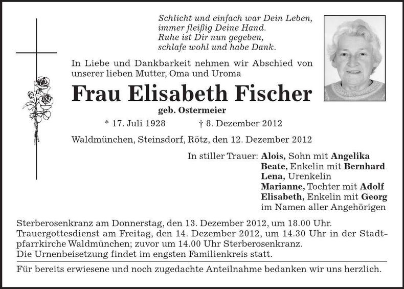 Traueranzeige Elisabeth Fischer