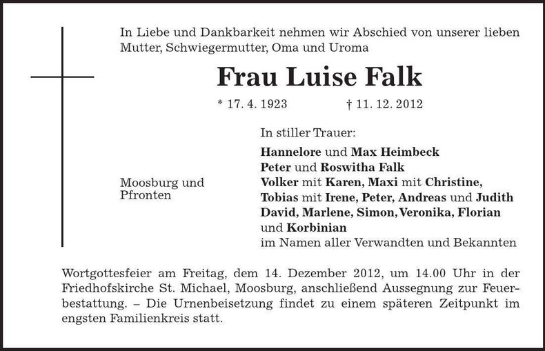 Traueranzeige Luise Falk