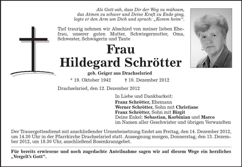 Traueranzeige Hildegard Schrötter