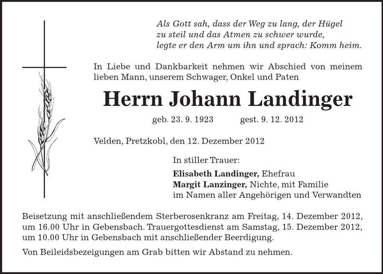 Traueranzeige Johann Landinger