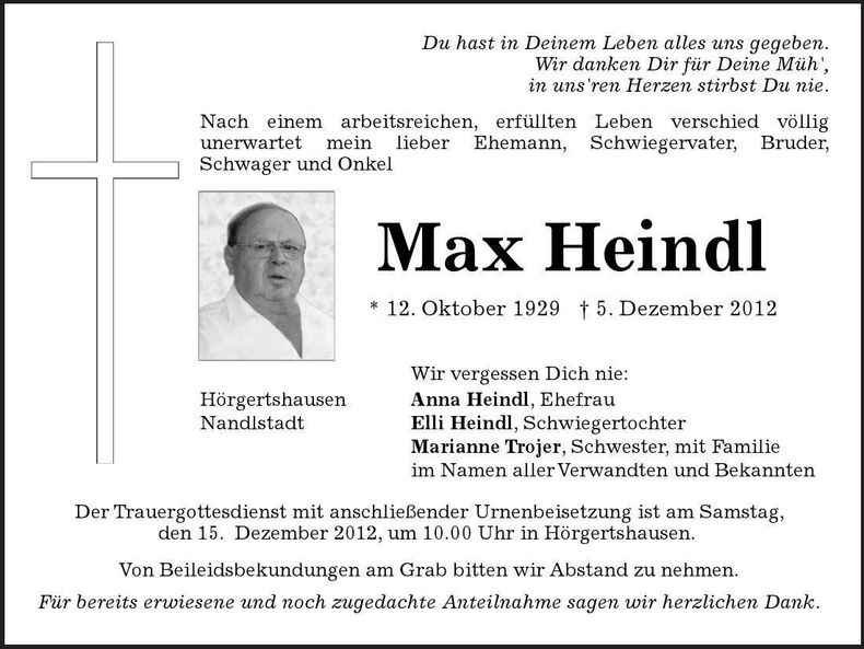 Traueranzeige Max Heindl