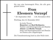 Traueranzeige Eleonora Vorzepf