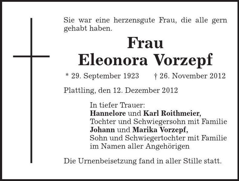 Traueranzeige Eleonora Vorzepf