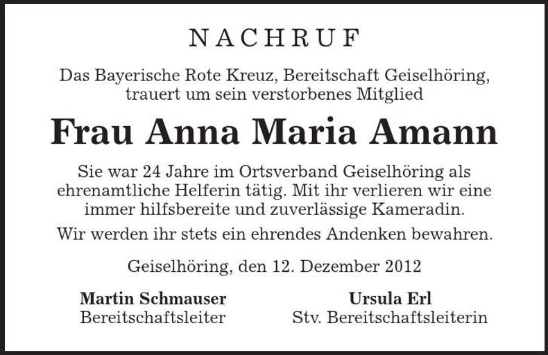 Traueranzeige Anna Maria Amann