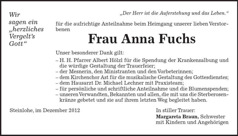 Traueranzeige Anna Fuchs