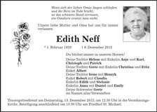 Traueranzeige Edith Neff