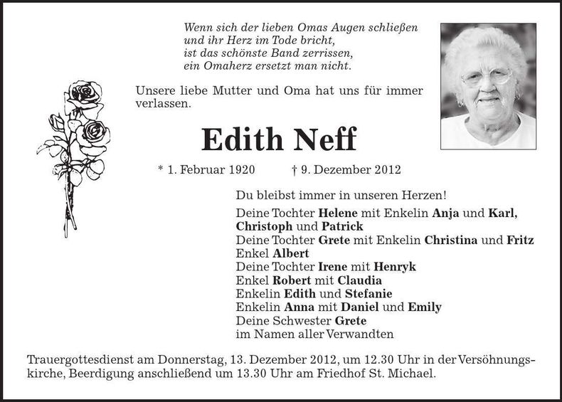 Traueranzeige Edith Neff