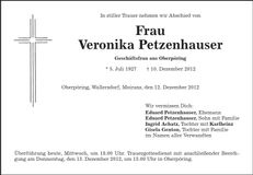 Traueranzeige Veronika Petzenhauser