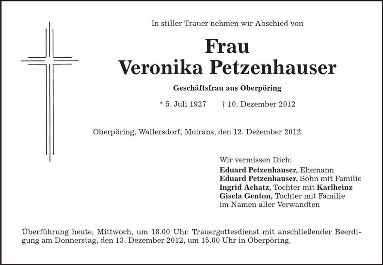 Traueranzeige Veronika Petzenhauser