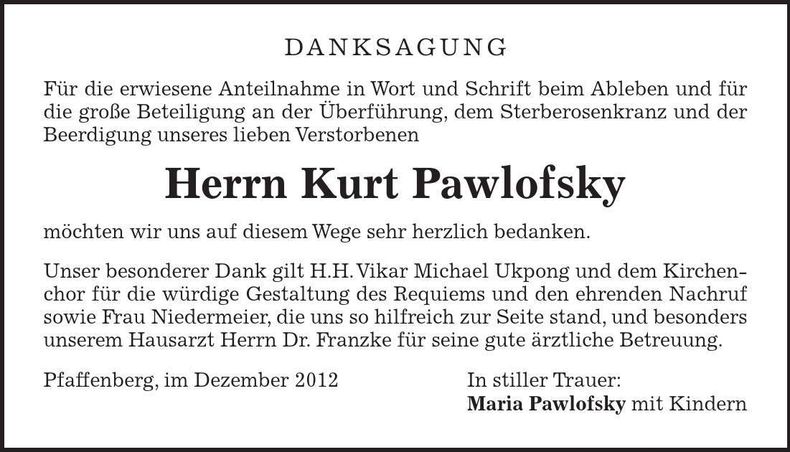 Traueranzeige Maria Pawlofsky