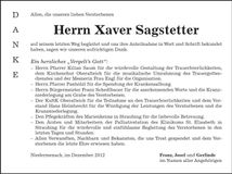 Traueranzeige Xaver Sagstetter