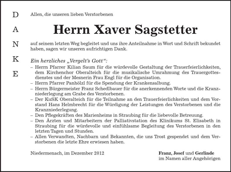 Traueranzeige Xaver Sagstetter
